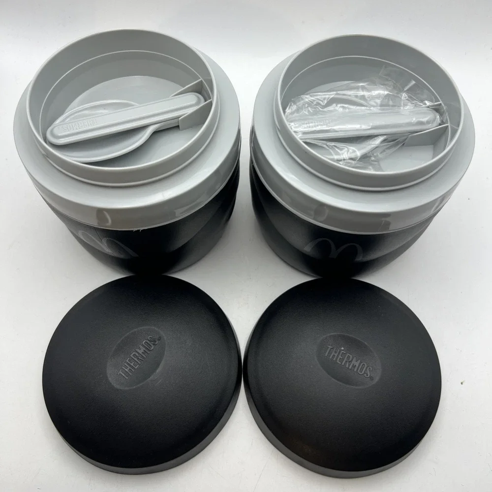 McDonald's Thermos Food Jars w/ Spoons 1 New 1 Used Black Insulated Swag